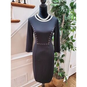 Spense Women's Black Polyester Round Neck Long Sleeve Knee Length Dress Size 4